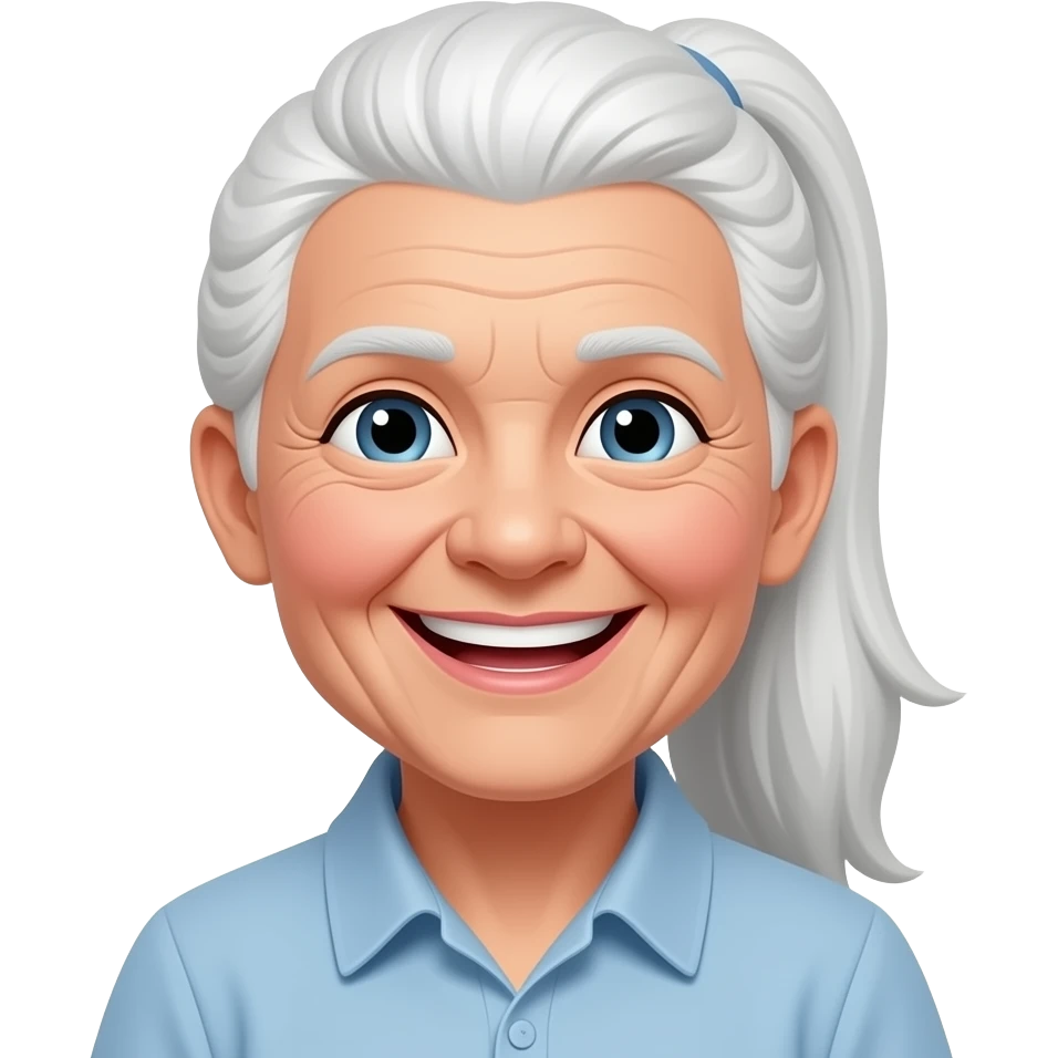 "An old lady with her long white hair gathered into a ponytail is beaming with a bright smile. emoji