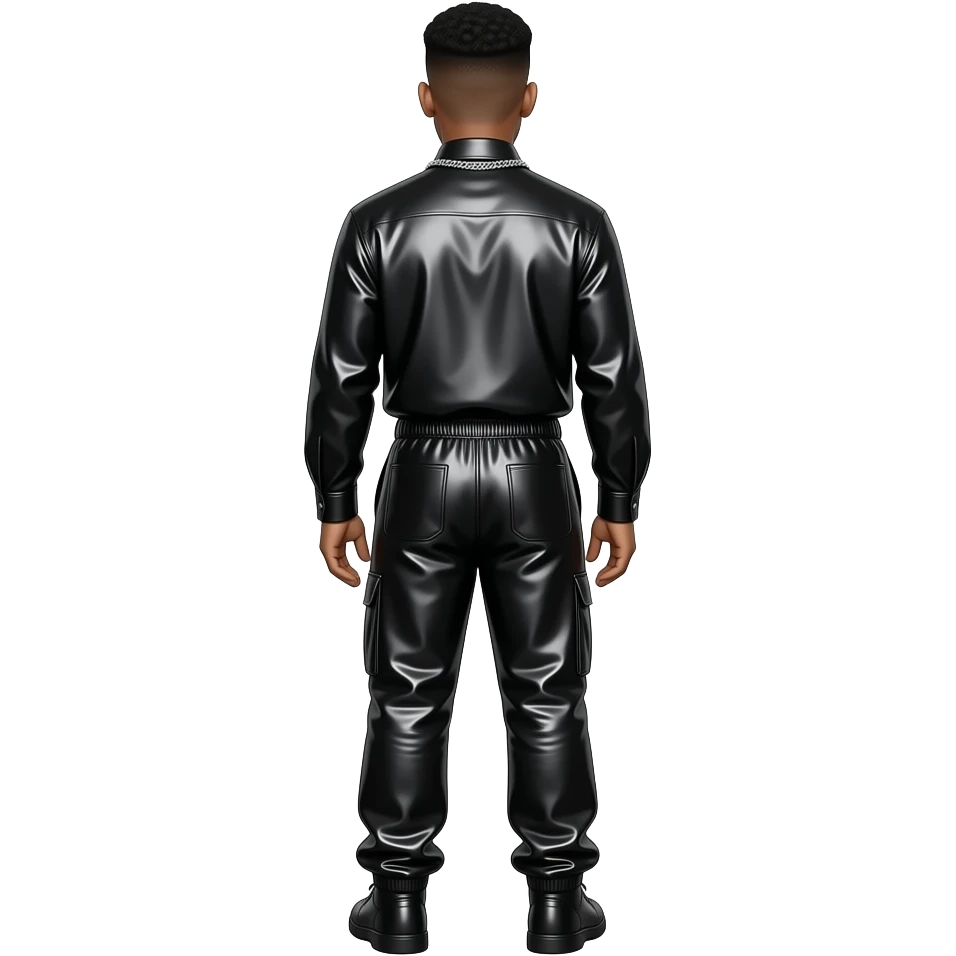 Keith Sweat from behind with black metallic dress shirt, black metallic baggy joggers, necklace emoji