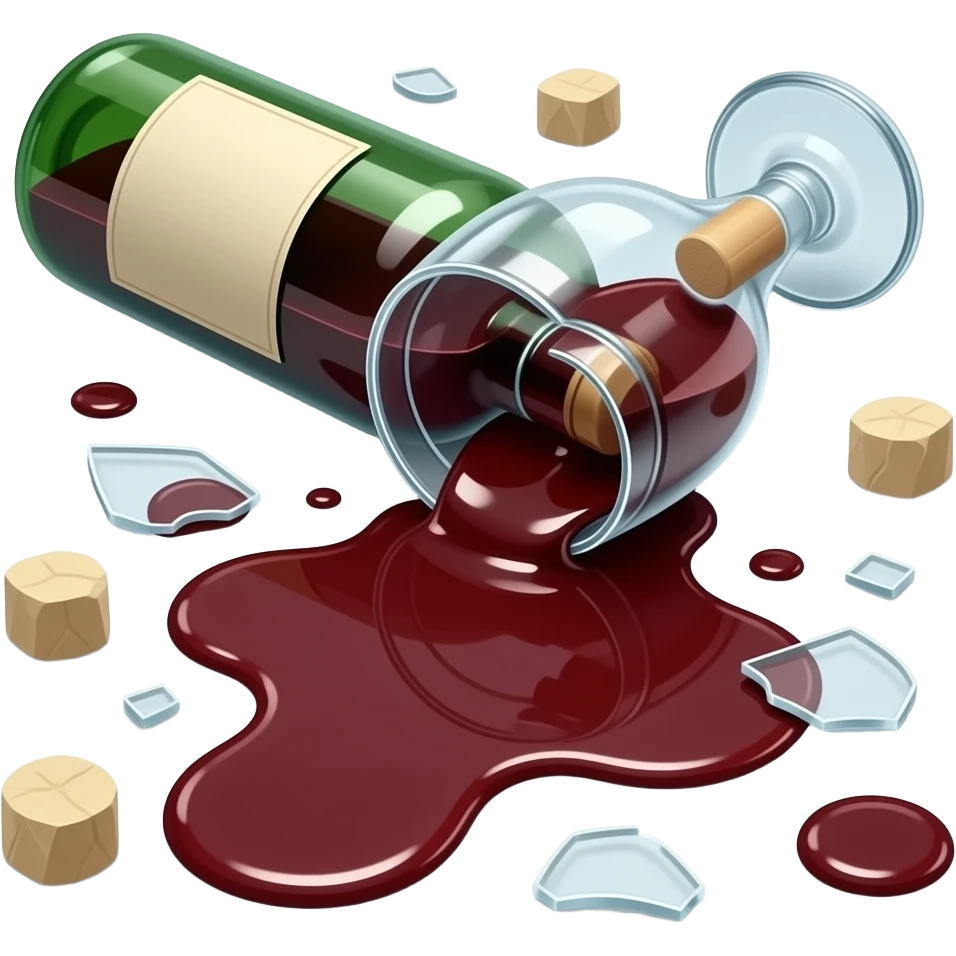 A broken wine bottle lying on the floor, with red wine spilling out and spreading across the surface. Glass shards scattered around, reflecting light. The liquid forms a dramatic, dark stain. Soft cinematic lighting, no people, clean indoor floor, highly detailed and realistic. emoji