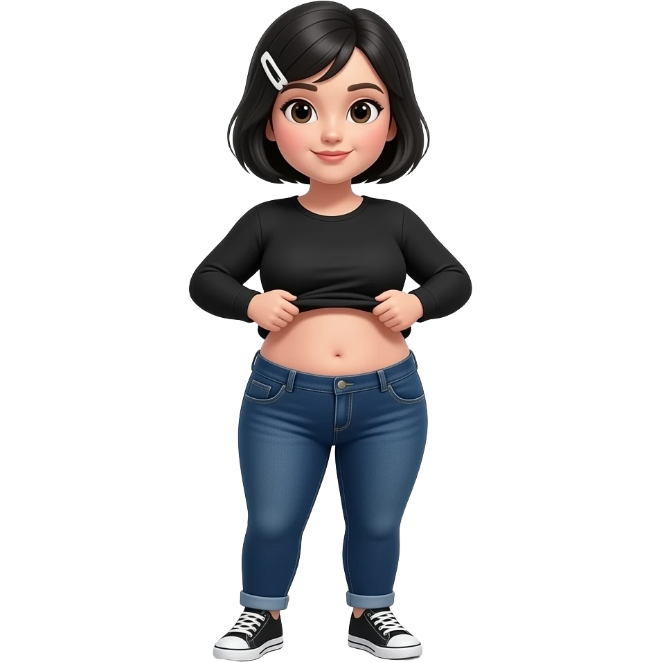 White woman with black short hair, white hair clip on the left of her hair, plain black long sleeve shirt, dark blue jeans, white and black sneakers, and a chubby body lifting her shirt to move her belly emoji