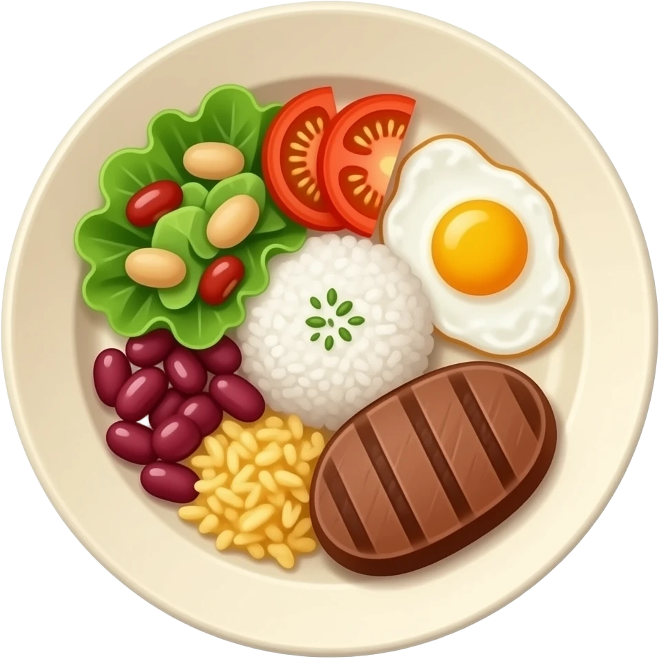 Prato de comida de porcelana beje bem fitnees, com salada de alface e rodelas de tomate arroz feijão ovo mexido e bife emoji
