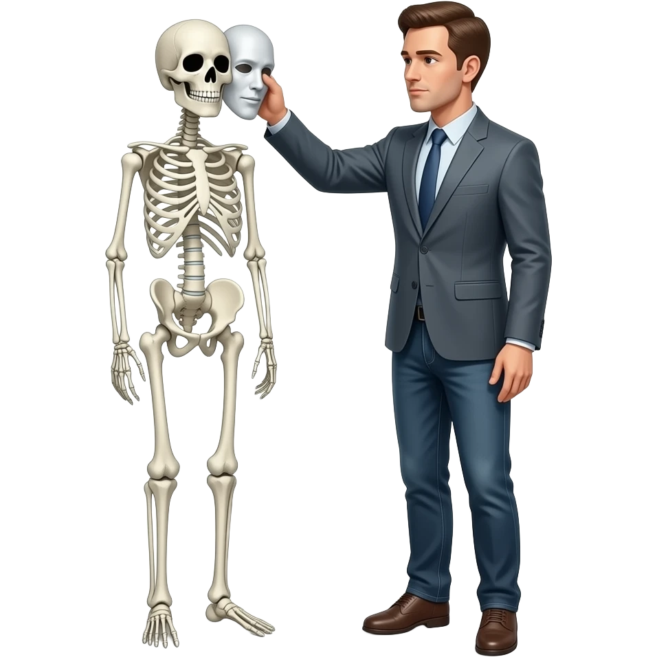 Uno scheletro che si toglie una maschera da uomo(💀🙂intendo queste due emoji) emoji