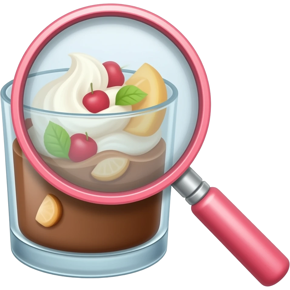 Lupa rosada viendo un vaso de chocolate y crema blanca  y frutas emoji