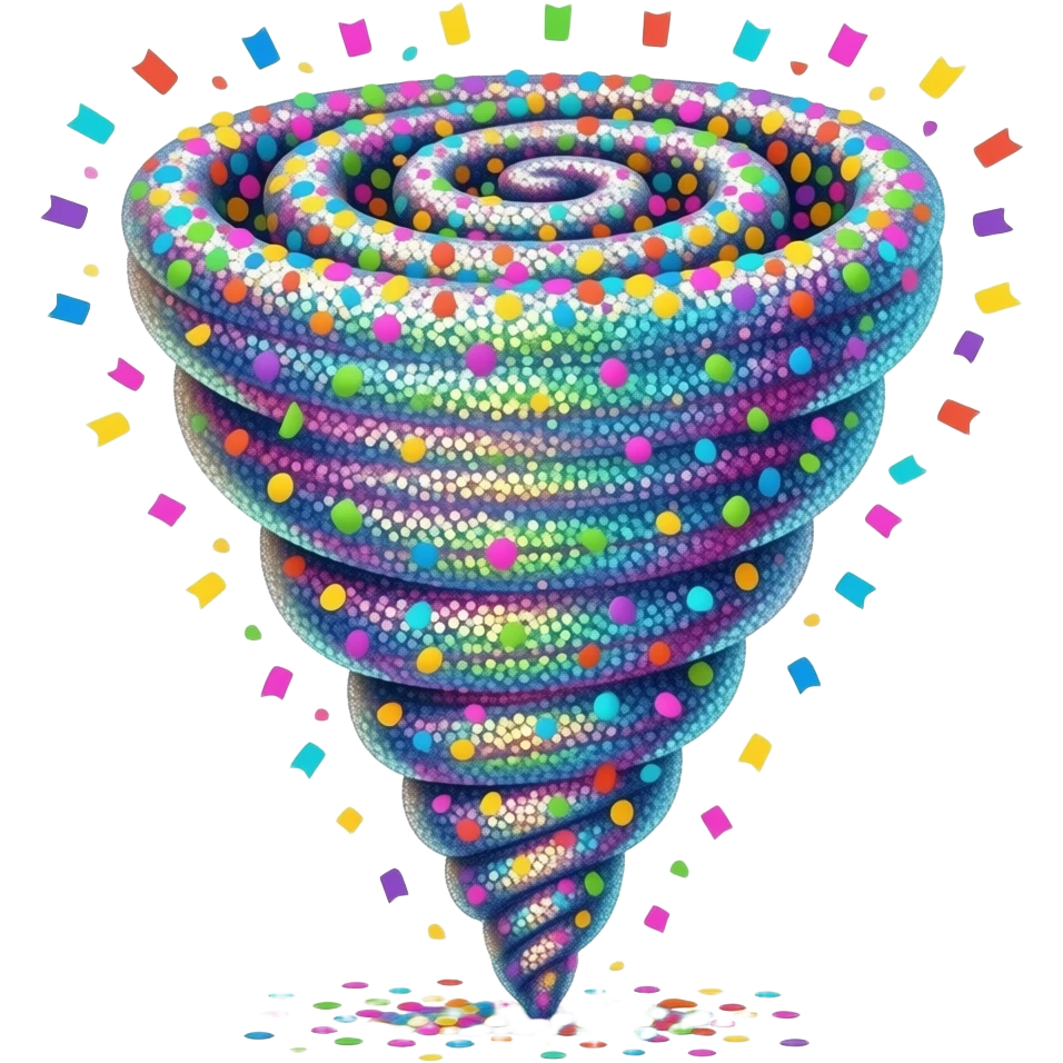 A full-body mascot shaped like a towering tornado of glitter, confetti, and bright tinsel that never scatters. emoji