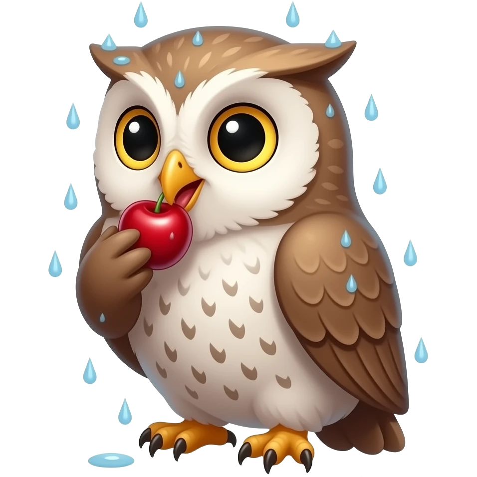 Owl eating a cherry while raining, no background emoji