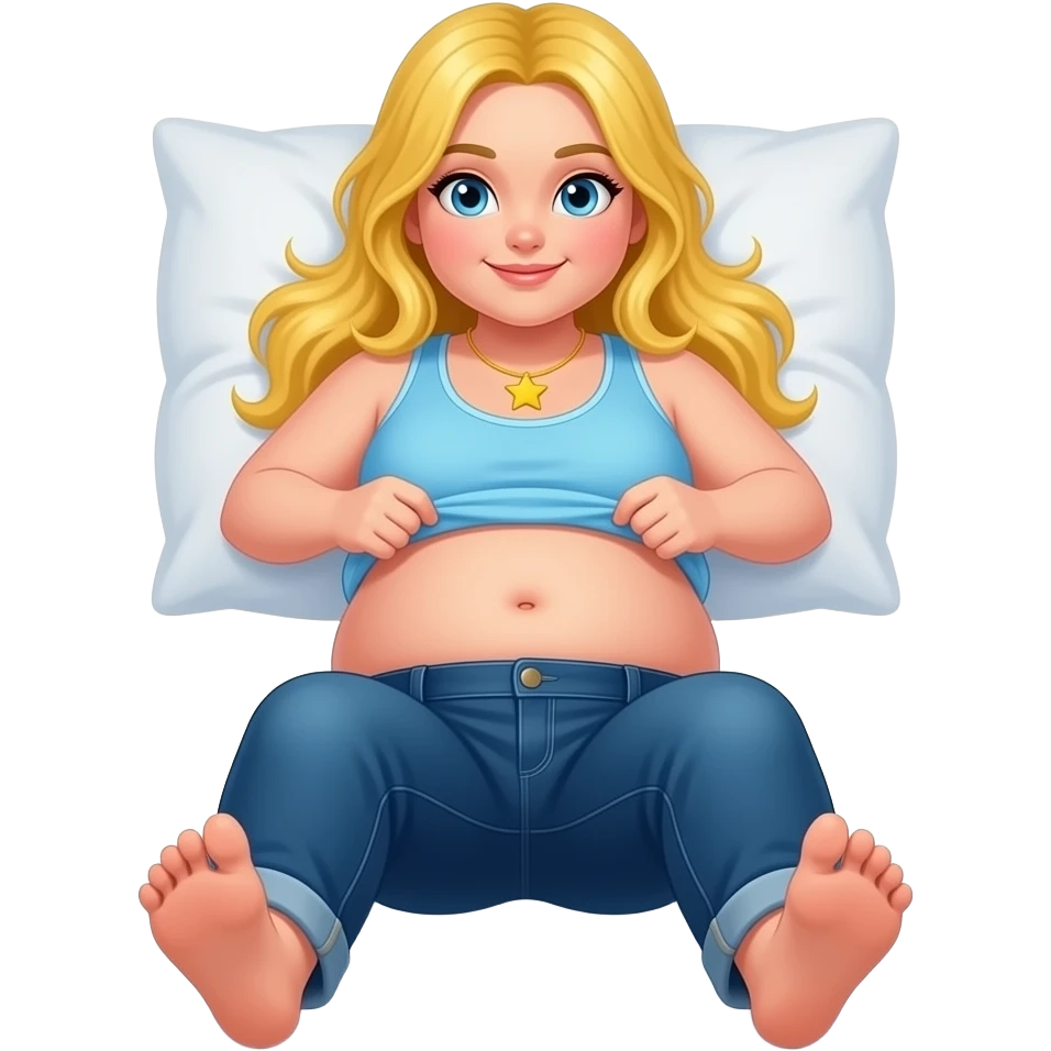 Chubby white girl blue eyes yellow long hair light blue tank top yellow star necklace dark blue plain jeans showing her feet lifting her tank top up to show chubby belly button laying down on her pillow in bed to show feet emoji