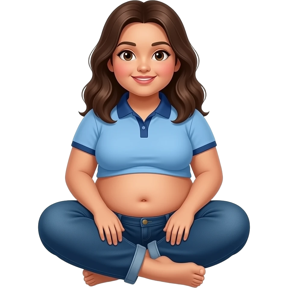 Obese Hispanic girl with brown hair and light blue and dark blue cropped polo with obese belly button and dark blue baggy jeans sitting down barefoot emoji