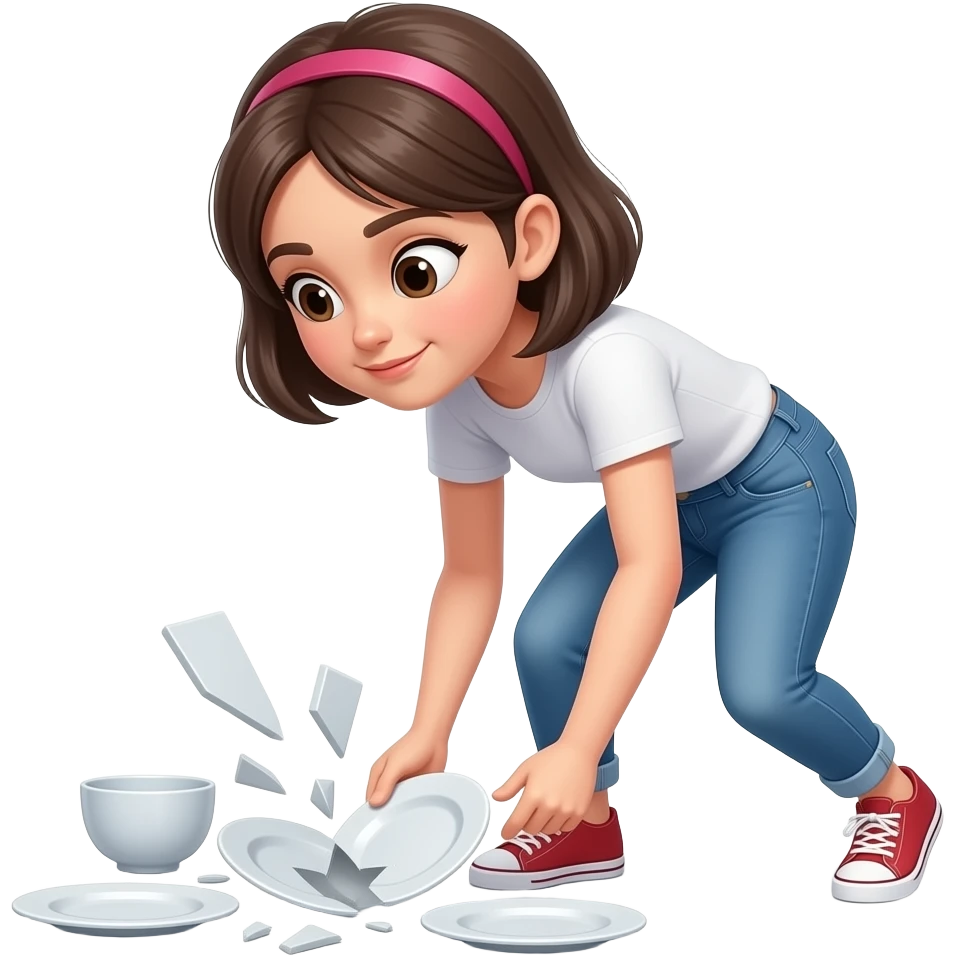 a girl standing and smeshes dishes on the floor emoji