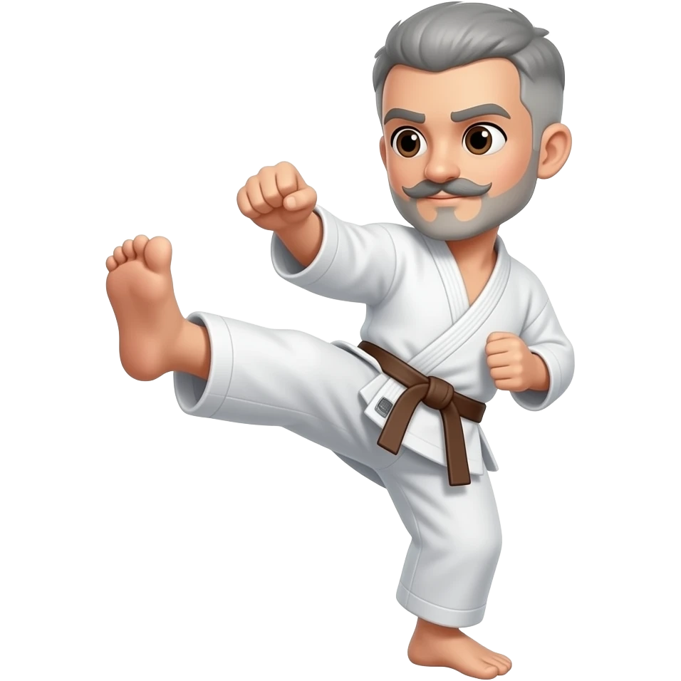 No BEARD,  short hair cut gray  with a mustache doing a karate kick and brown eyes and Brown Belt emoji
