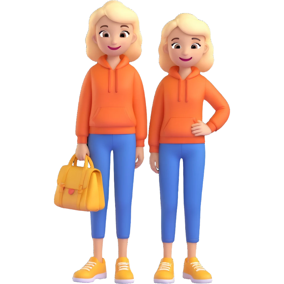 Two smiling cartoon-style characters standing close together, one slightly taller, cheerful expressions, matching clothes or colors, white background, emoji style emoji