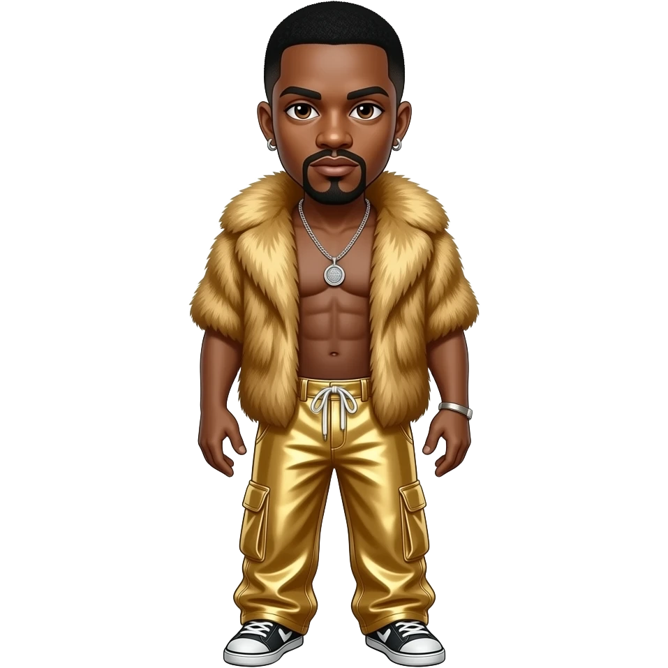 MC Hammer with brown eyes, black short fade top hair, gold fur shawl, gold metallic baggy pants, shirtless with necklace and earrings emoji