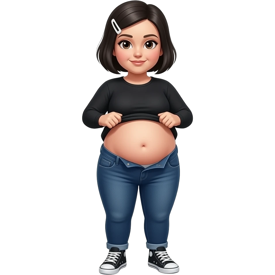 White woman with black short hair, white hair clip on the left of her hair, plain black long sleeve shirt, dark blue jeans, white and black sneakers, and a chubby body lifting her shirt to show her clean chubby belly emoji