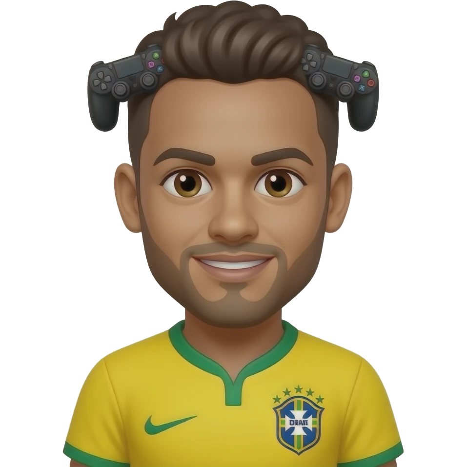 Neymar emoji avatar, Brazil jersey, cute cartoon style. Two tiny identical black gamepads hidden inside the hair area like secret objects. emoji
