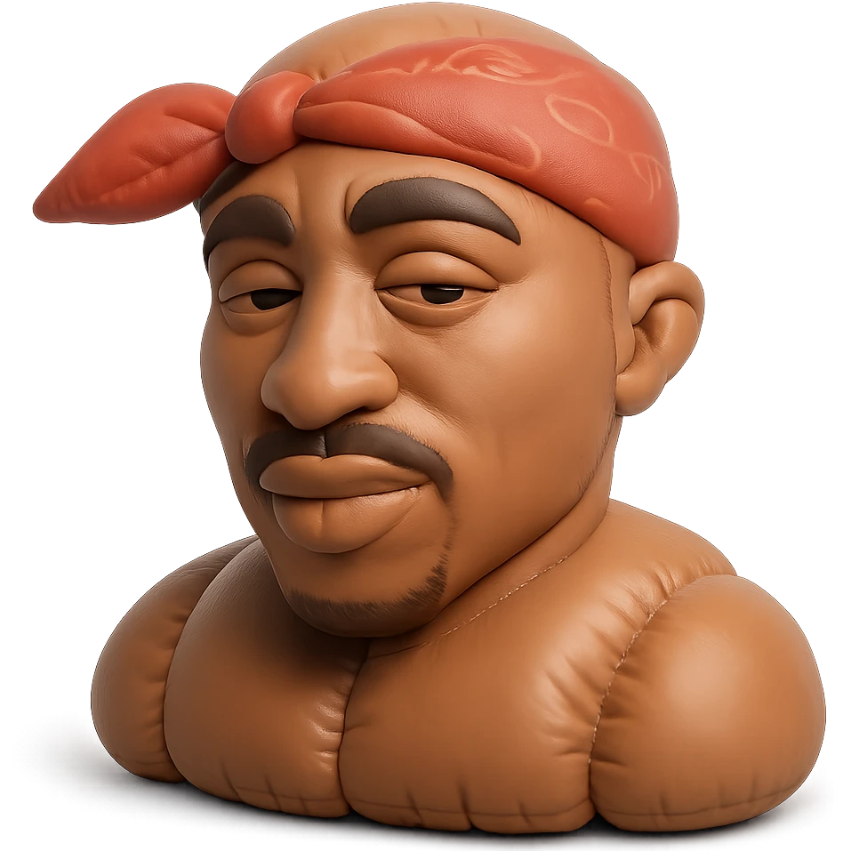illustration of rapper 2Pac with iconic bandana and confident expression emoji