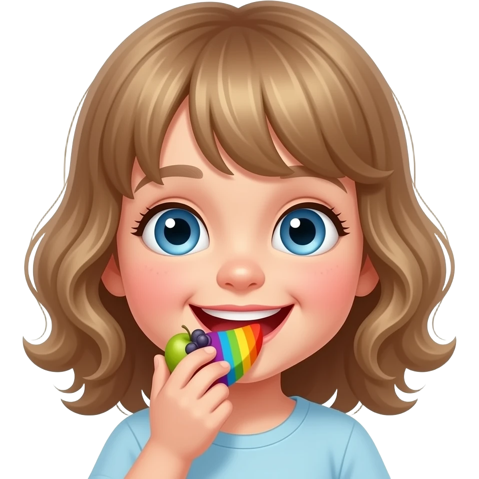 white kid blue eyes mid length hair to shoulders with bangs soft curly hair to shoulders in color: middle to little darker blond. eat the rainbow, in a fun way, for picky toddlers emoji