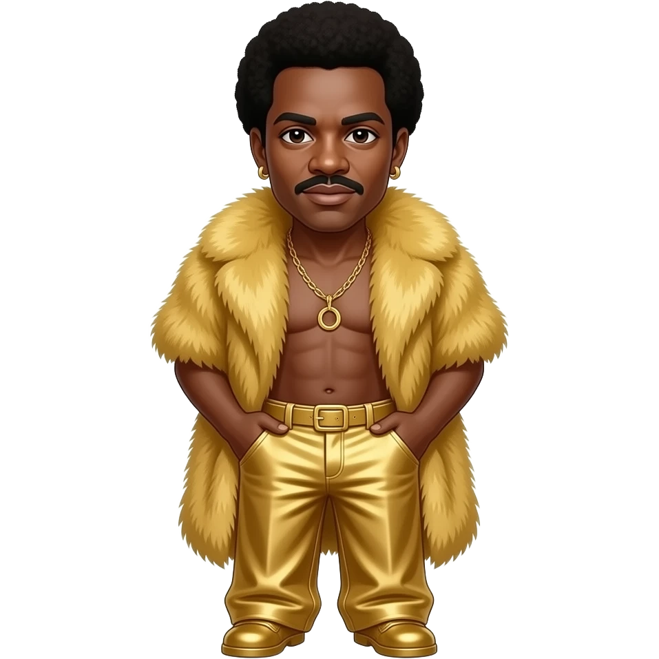 Maurice White with brown eyes, dark brown short afro hair, gold fur shawl, gold metallic baggy pants, shirtless with necklace and earrings emoji