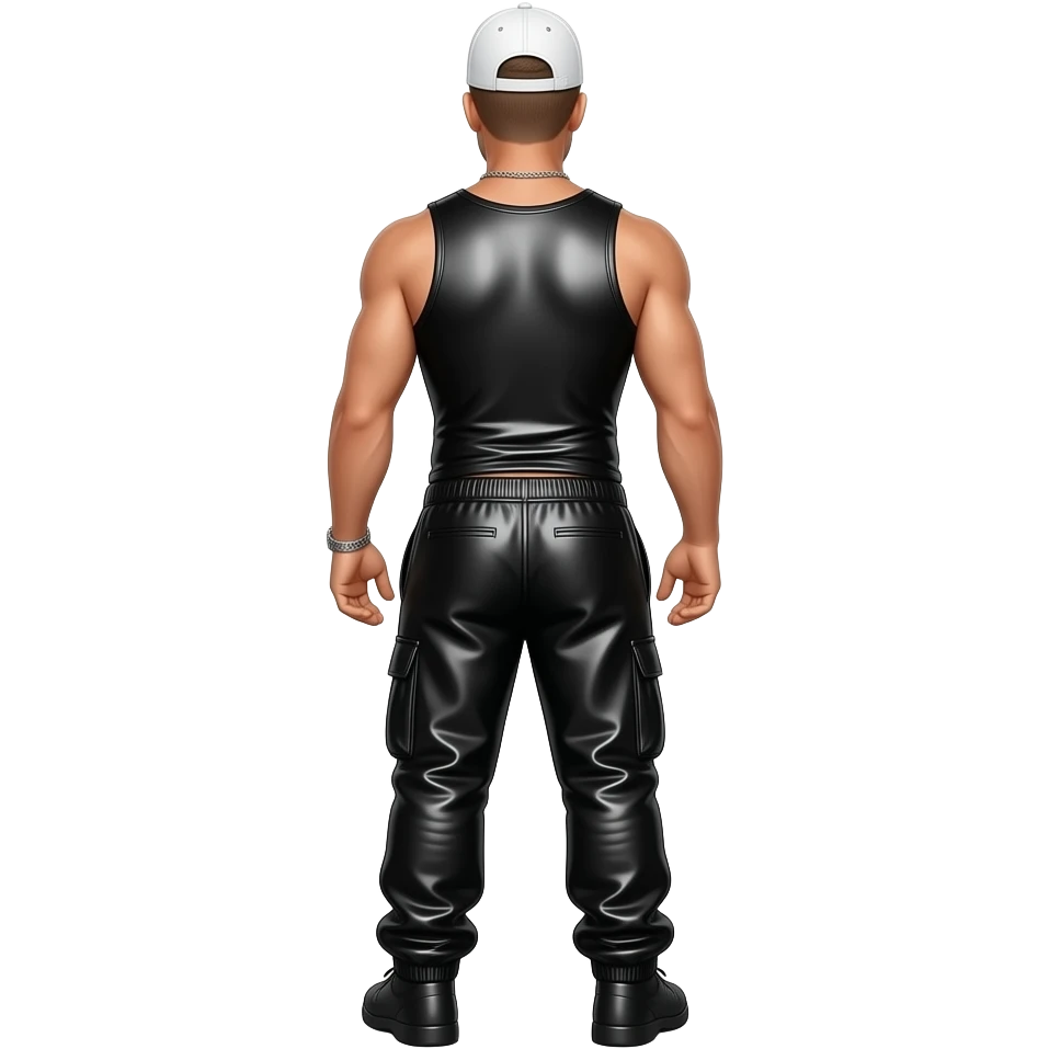 Donnie Wahlberg from behind with white cap, black metallic tank top, black metallic saggy joggers, necklace emoji