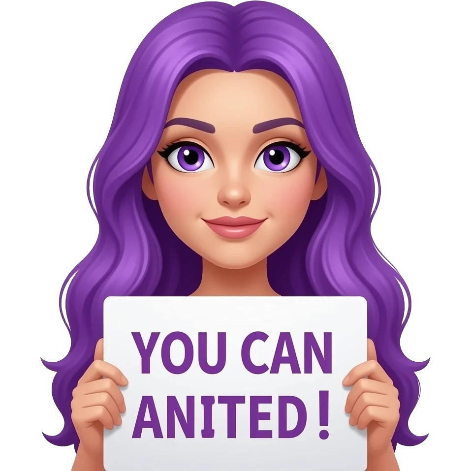 sexy girl with long purple hair and purple eyes holding a YOU CAN sign emoji