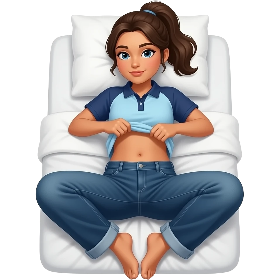 Hispanic girl with brown ponytail and blue eyes light blue and dark blue polo and dark blue baggy jeans and belly button laying down on her pillow on her bed showing her feet lifting her shirt all the way up showing belly rolls emoji