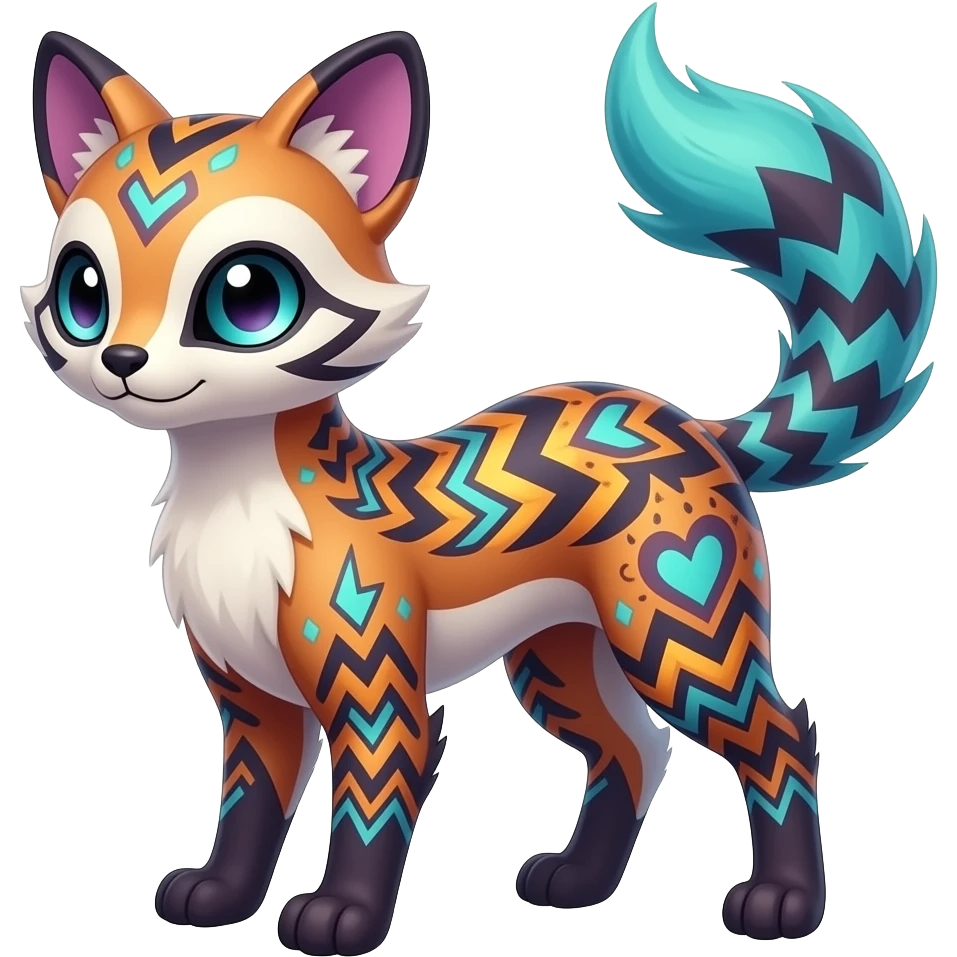 Colorful scaly soft spunky elegant thin Realistic tall slim unique fantasy original shiny smooth soft flurry edgy cool Civet-Absol-Sprigatito-Vaporeon-Fakémon-hybrid with tribal chevron heart floral lightning bolt strikes damask paisley markings emoji
