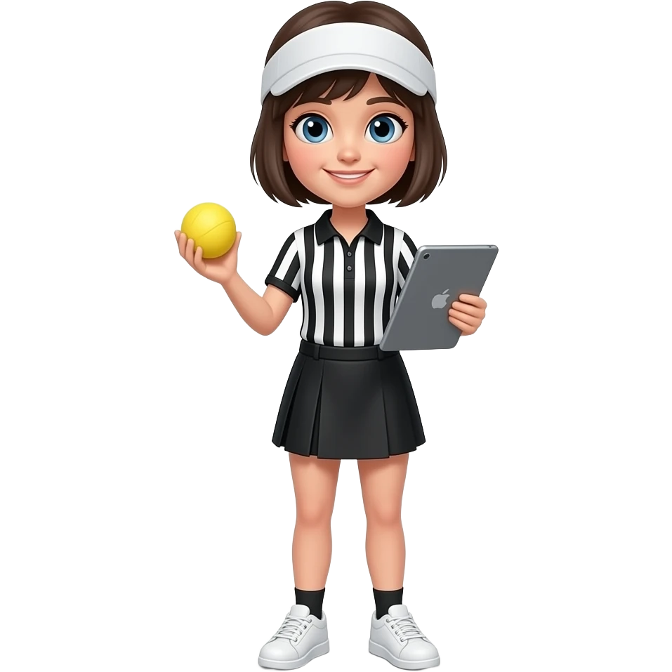 short haired blue eyes girl referee holding ipad and a yellow pickle-ball, wearing sun visor, black white vertical stripes polo shirt, black skirt, white snickers emoji