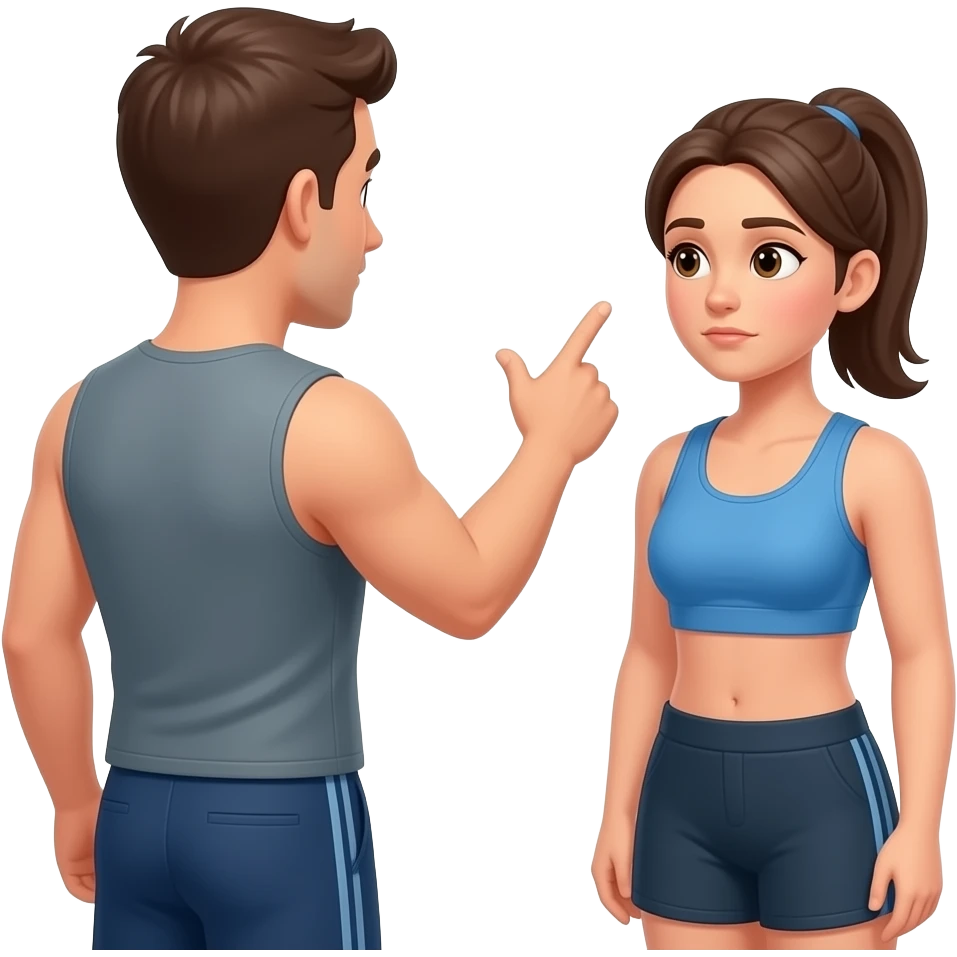A disinterested trainer gives instructions to a client—with his back or sideways. He can be seen talking, gesturing, and pointing. The client nods listlessly. emoji