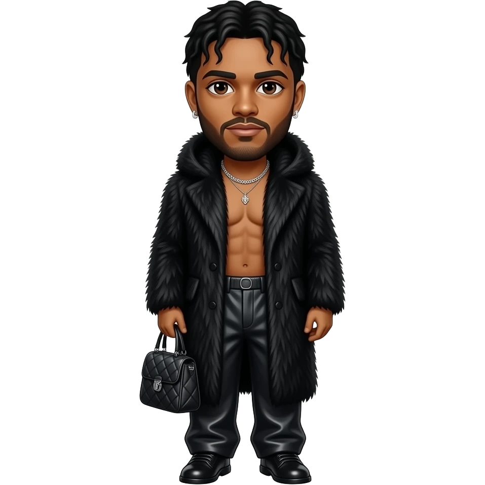 The Weeknd with dark brown eyes, black hair, black fur coat, black metallic baggy pants, shirtless with necklace and earrings emoji