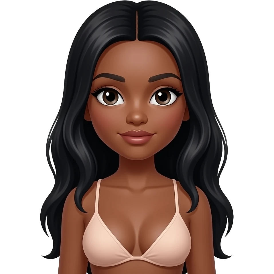 Dark skin girl, middle part black hair, m cup breast, with no bra, doll  eyes, doll face shaped emoji