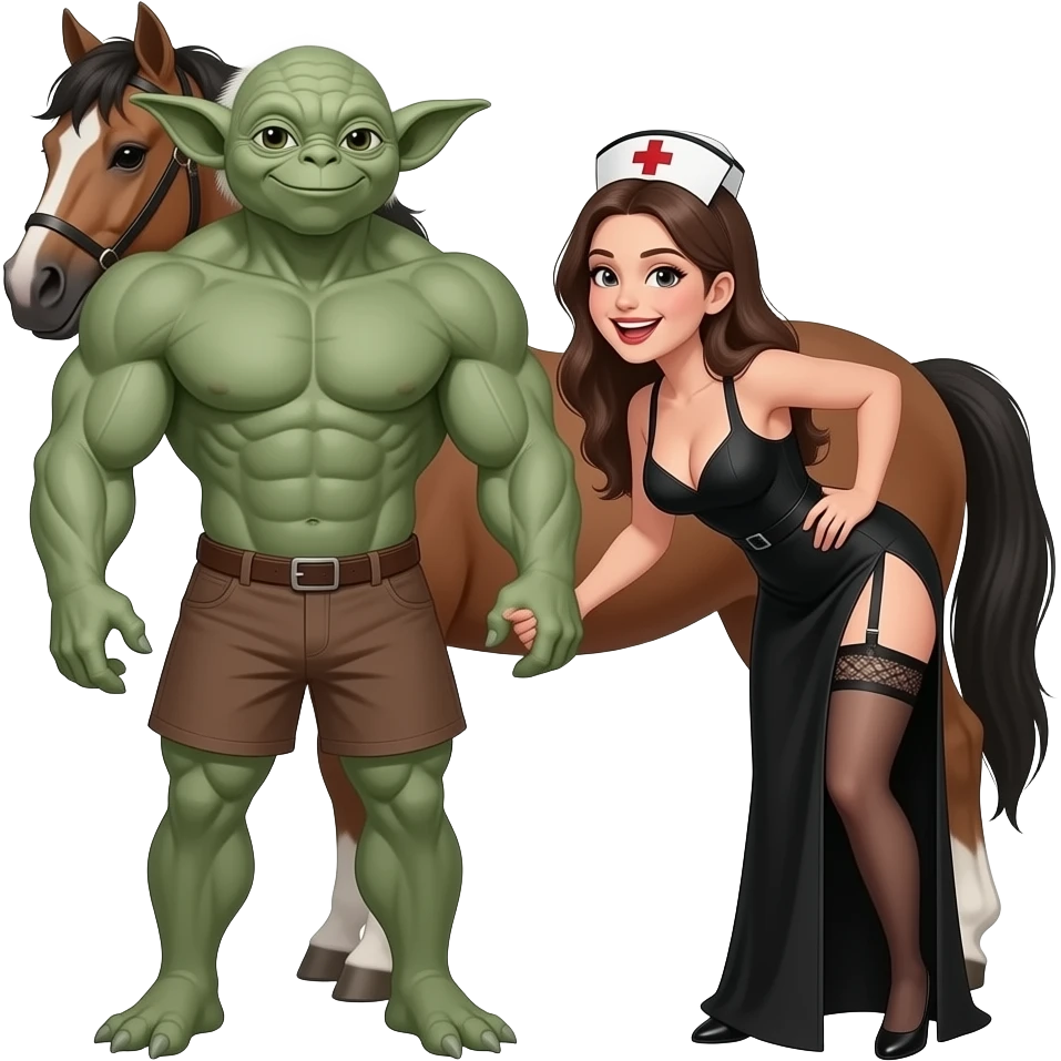 6 foot tall muscular  Yoda standing and holding hands  immediately behind a pony  tailed nurse smiling with open mouth, wearing a garter belt, long black dress.Nurse  has DD breasts slit down side of dress , she is bending over looking back at Yoda seductively emoji
