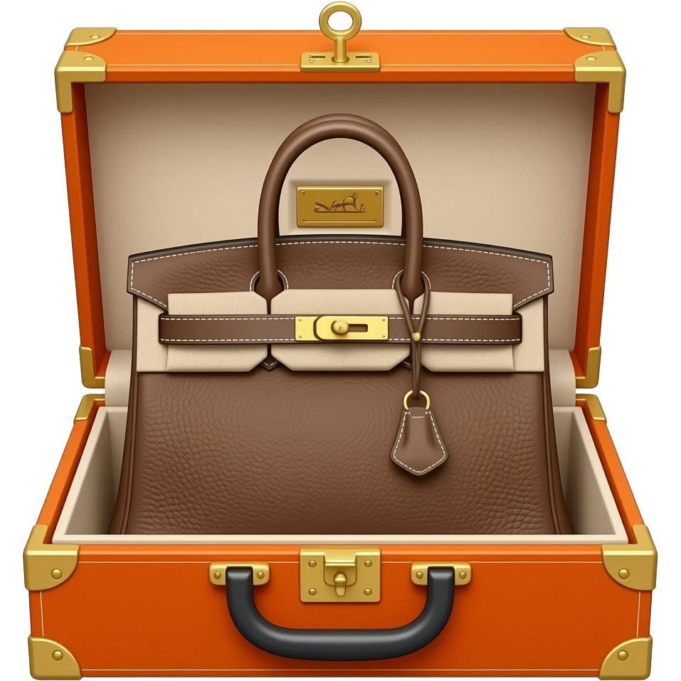 ультра реалистичная оранжевая открытая коробка hermes в которой лежит новая сумка birkin коричневого цвета с золотой фурнитурой emoji