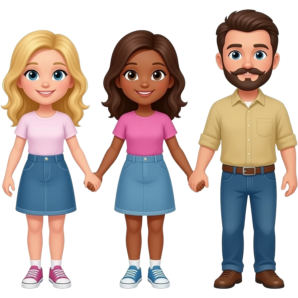 blonde girl, brunette girl, and brunette man with mustache holding hands emoji