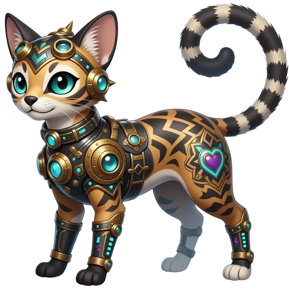 scaly spunky gothic Realistic tall slim unique original shiny edgy cool steampunk-cyberpunk-fantasy-Civet-Absol-Sprigatito-Vaporeon-Fakémon-hybrid with tribal chevron heart floral lightning bolt strikes damask paisley markings emoji