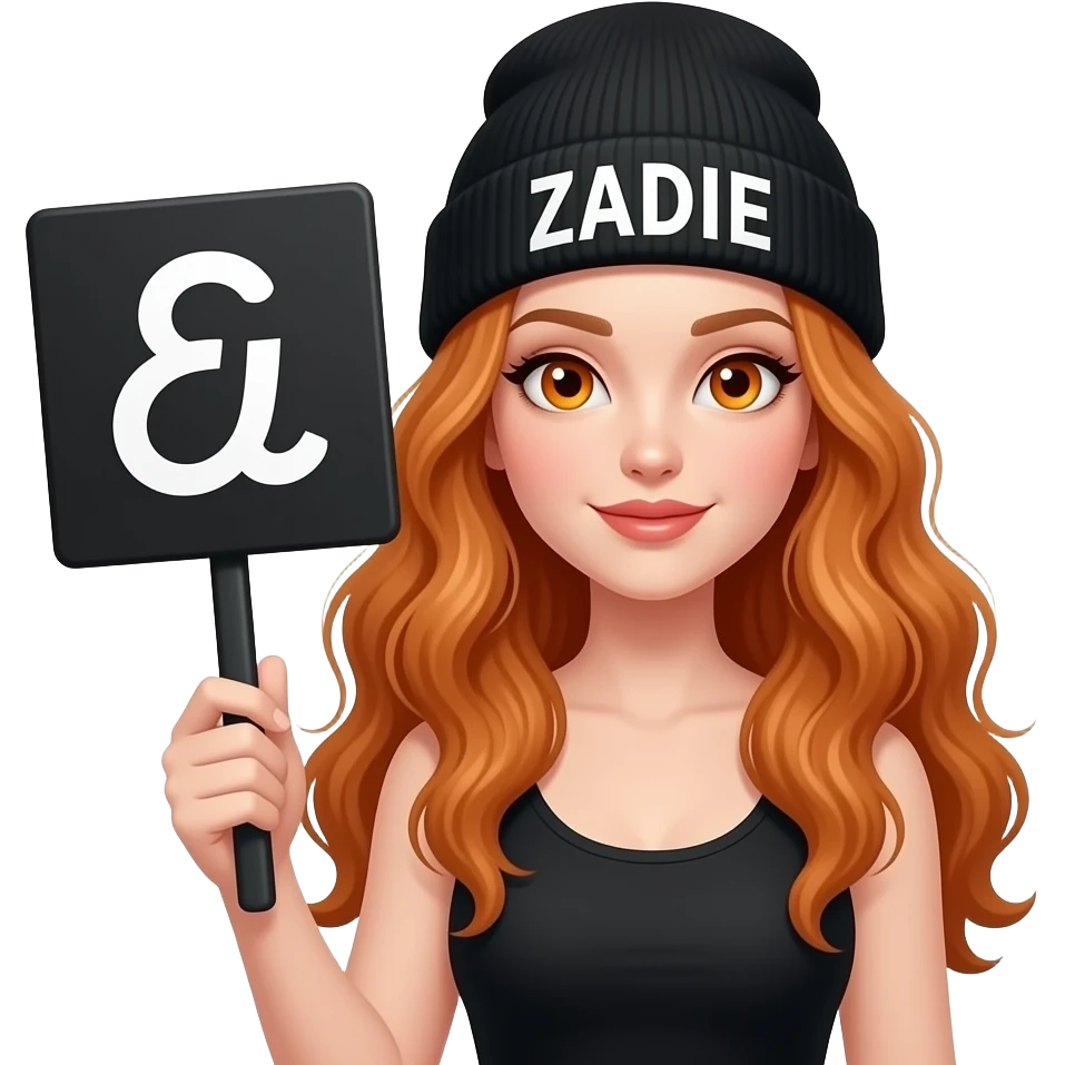 sexy girl with overlong wavy ginger hair and ginger eyes wearing a black tanktop and a black beanie with ZADIE written on it, is holding a black sign with ♒️ on it emoji