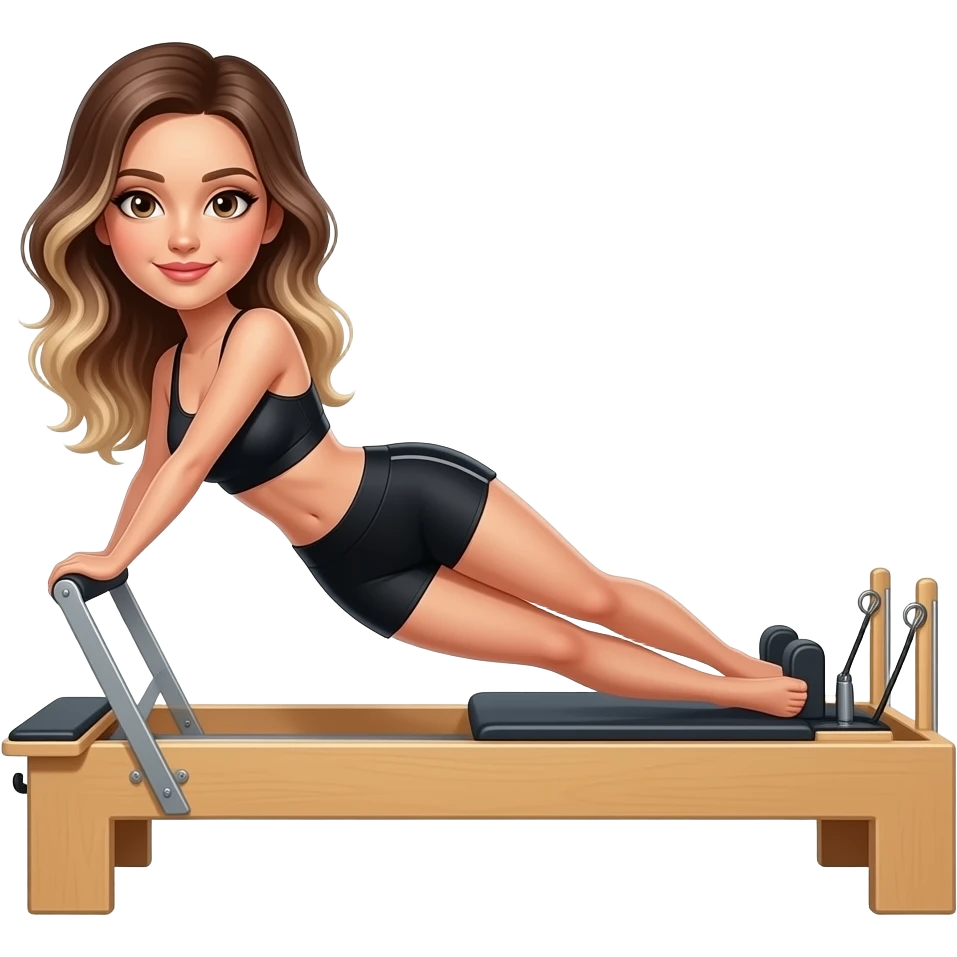 Brown eyed, Brunette balayage hair in black workout shorts and bra, curvy body doing reformer pilates emoji