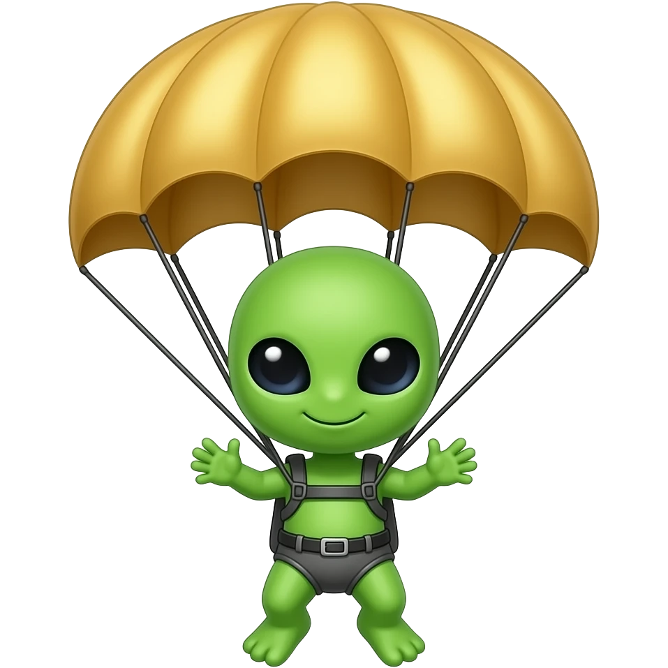 A cute green alien is flying on a golden parachute emoji