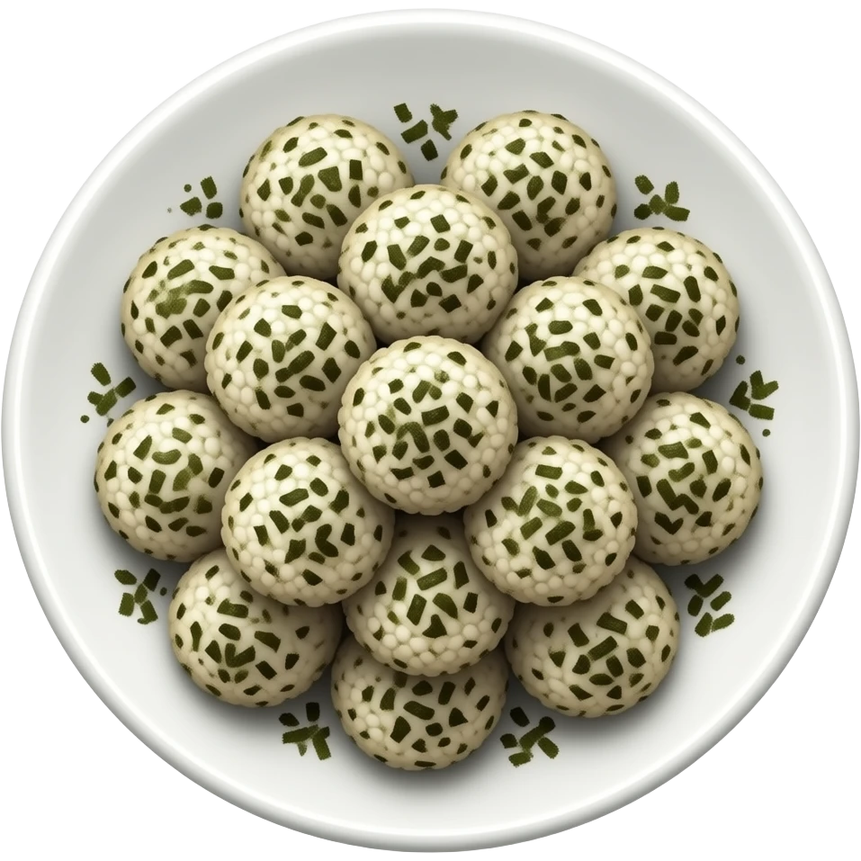 many perfect round type riceballs(not onigri) covered in shredded seaweed flakes on dish emoji