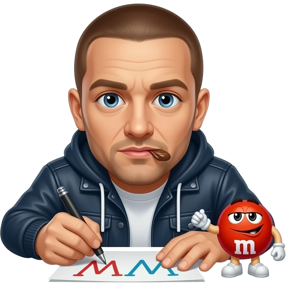 Eminem eating a m&m while writing the word M And M on paper emoji