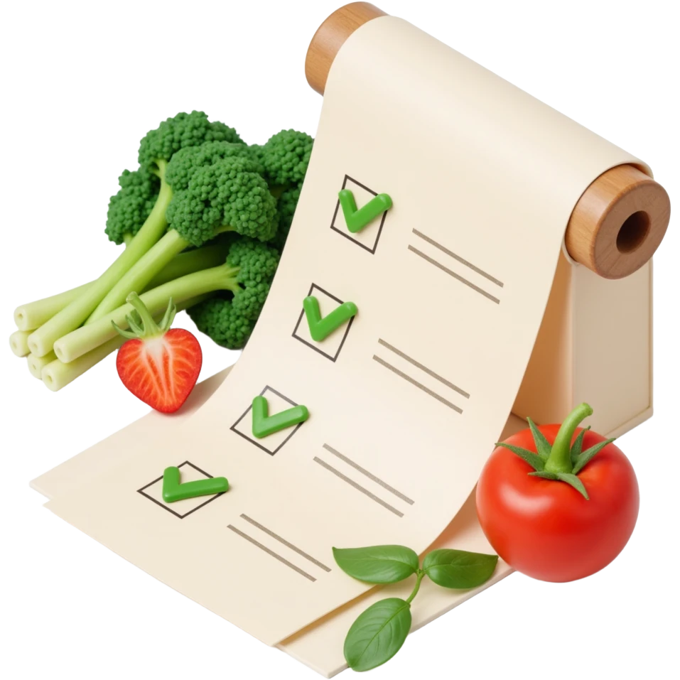 floating rolled paper list with green checkboxes and around vegetables emoji
