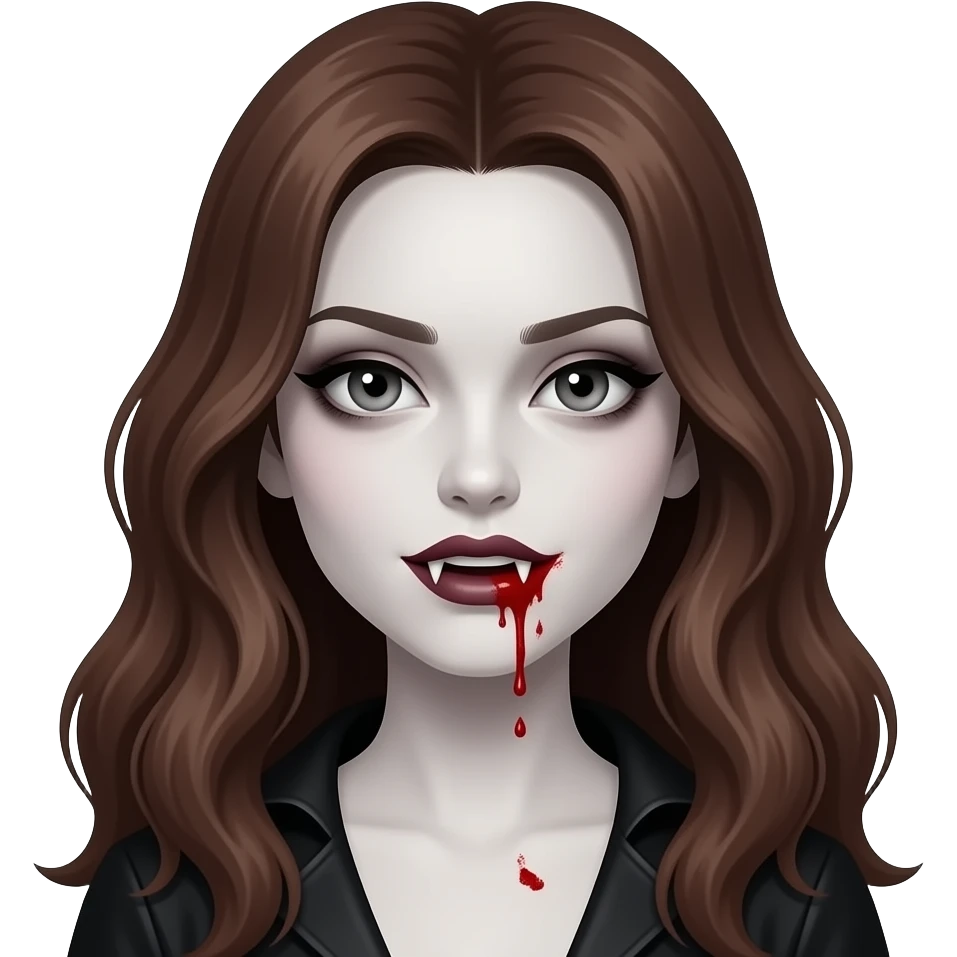 A vampire girl with long wavy brown hair, fangs, and blood dripping from her mouth and with a little blood on her face, a somewhat dark appearance with pale skin and not very pronounced dark circles under her eyes, in the style of iOS 16. emoji