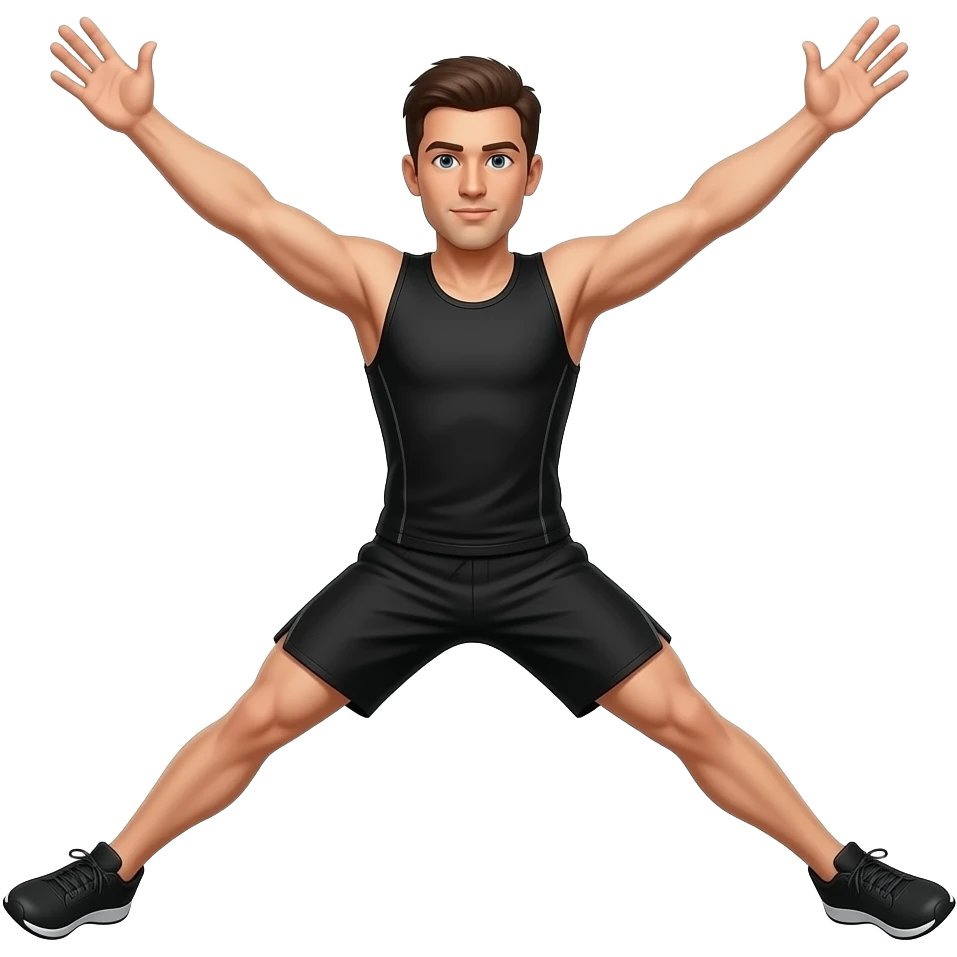 guy wearing all black workout top and blakc shorts doing jumping jack arms up and out legs up and out as if her opposing arms and legs are in line like an x emoji