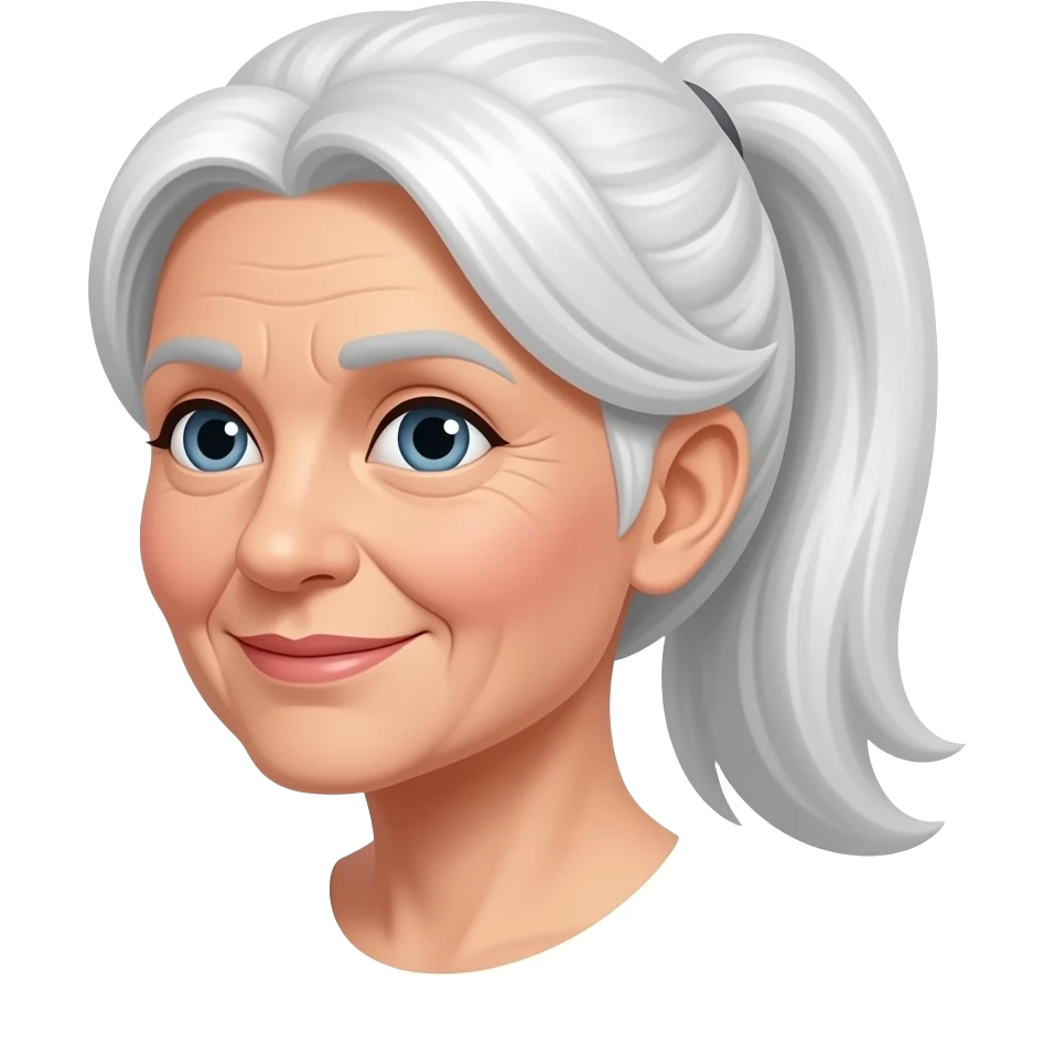 An old lady with her long white hair gathered into a ponytail. emoji