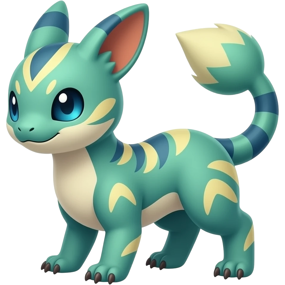 Japanese oriental asian painted Greenish beautiful handsome gorgeous aesthetic colorful vibrant Vernid-Trico-species-Fakemon-creature by LiLaiRa, 4 legs, 1 tail, random markings, (full body) emoji