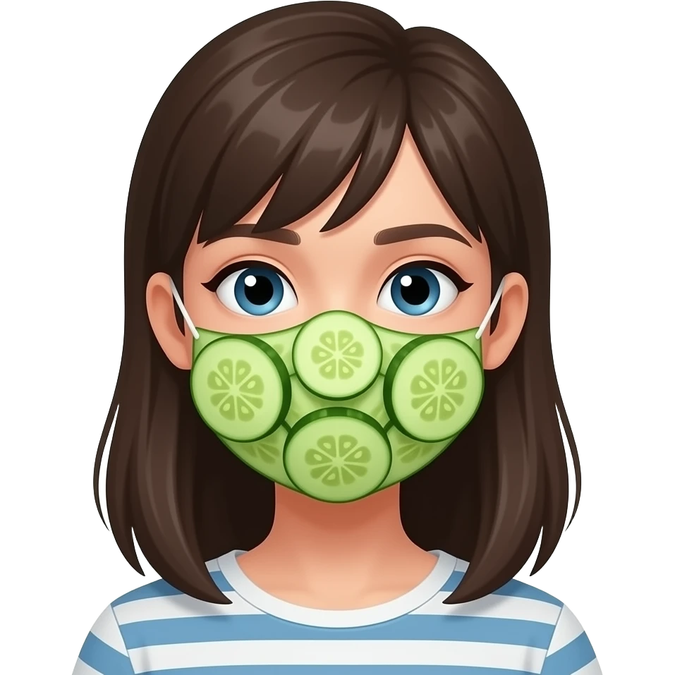 Girl with a face mask made of several cucumbers emoji