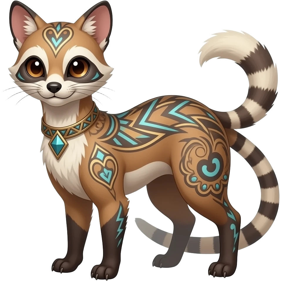 scaly spunky elegant thin Realistic tall slim unique fantasy original shiny edgy cool Civet-Absol-Sprigatito-Vaporeon-Fakémon-hybrid with tribal chevron heart floral lightning bolt strikes damask paisley markings emoji