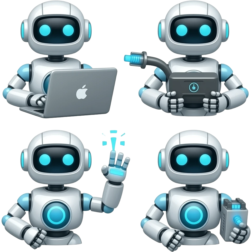 create 4 robot with laptop, hardware, connectivity, hosting emoji