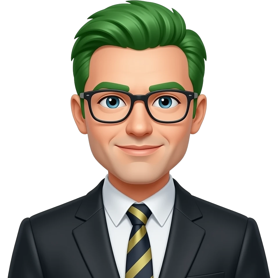 Green hair man in outfit with glass emoji