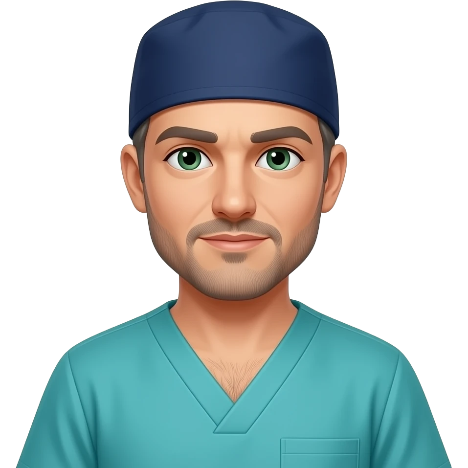 surgeon with navy cap, torquoise scrubs, chest hair, green eyes, gray hair, five o'clock shadow emoji