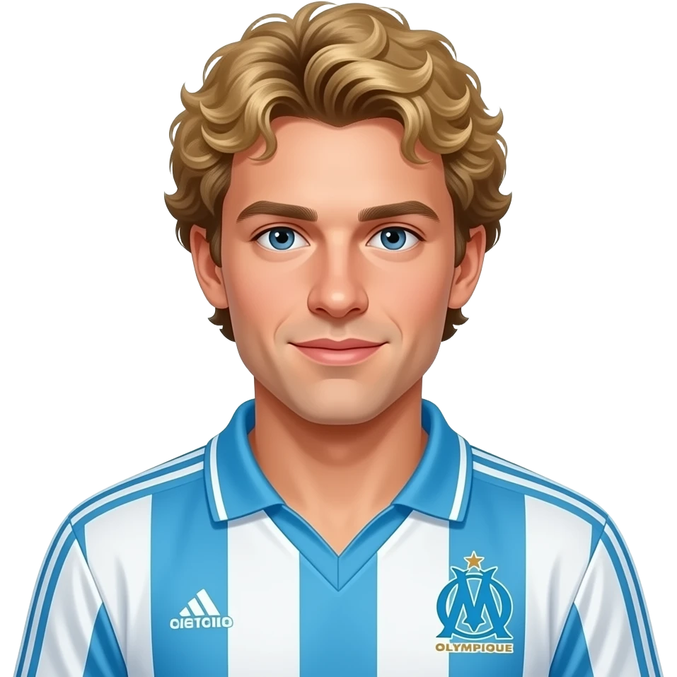 young Jean-Pierre Papin light blond curly short hair, vintage 90 olympique de marseille soccer jersey emoji