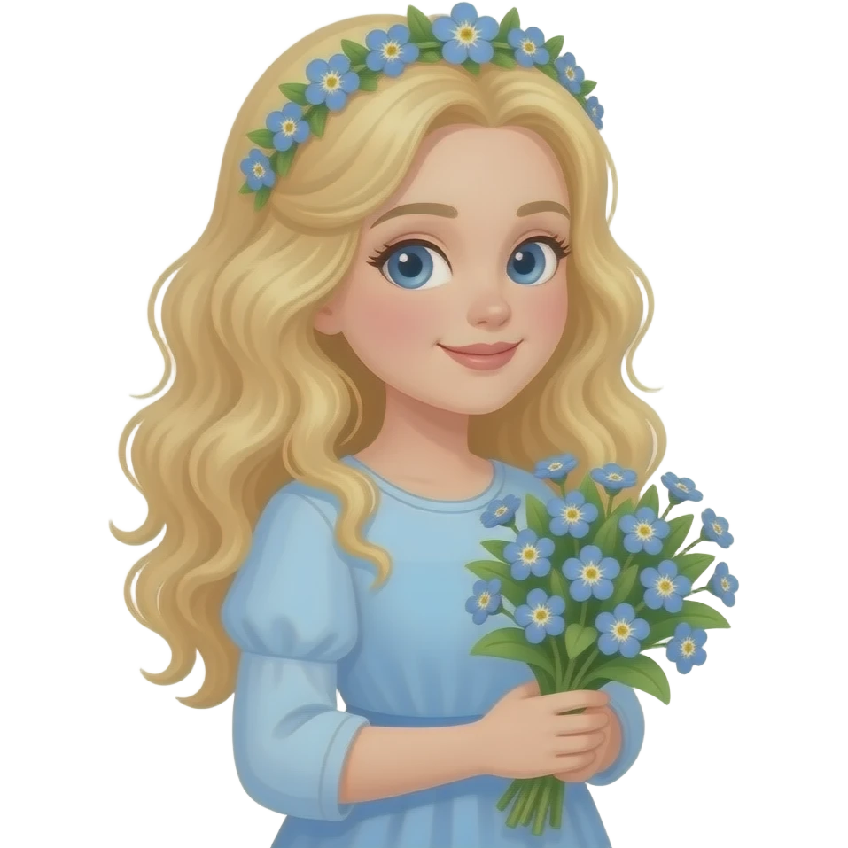“Cute kawaii emoji of a blonde curly-haired girl wearing a crown of forget-me-not flowers (myosotis), holding a bouquet of forget-me-nots, pastel blue and lavender tones, soft chibi sticker style, white or transparent background, with the text ‘forget me not’ written aesthetically on the side.” emoji