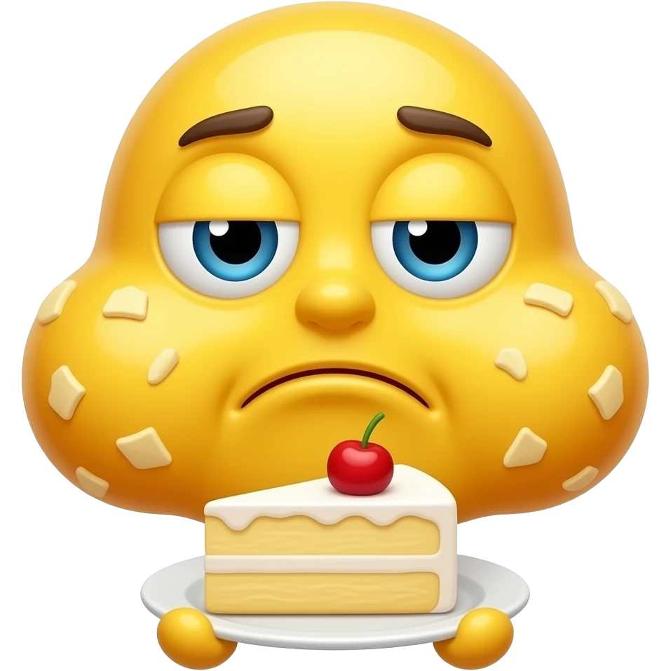Yellow IOS base emoji eating the cake with his cheeks full and crumbs on cheeks 
unsatisfied emotion emoji